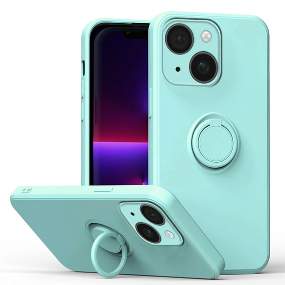 For iPhone 15 Case, Slim Silicone | 360° Ring Holder Kickstand | Support Car Mount | Soft Gel Rubber Hybrid Bumper For iPhone 15 Phone Cover for Girls Women,Lightcyan