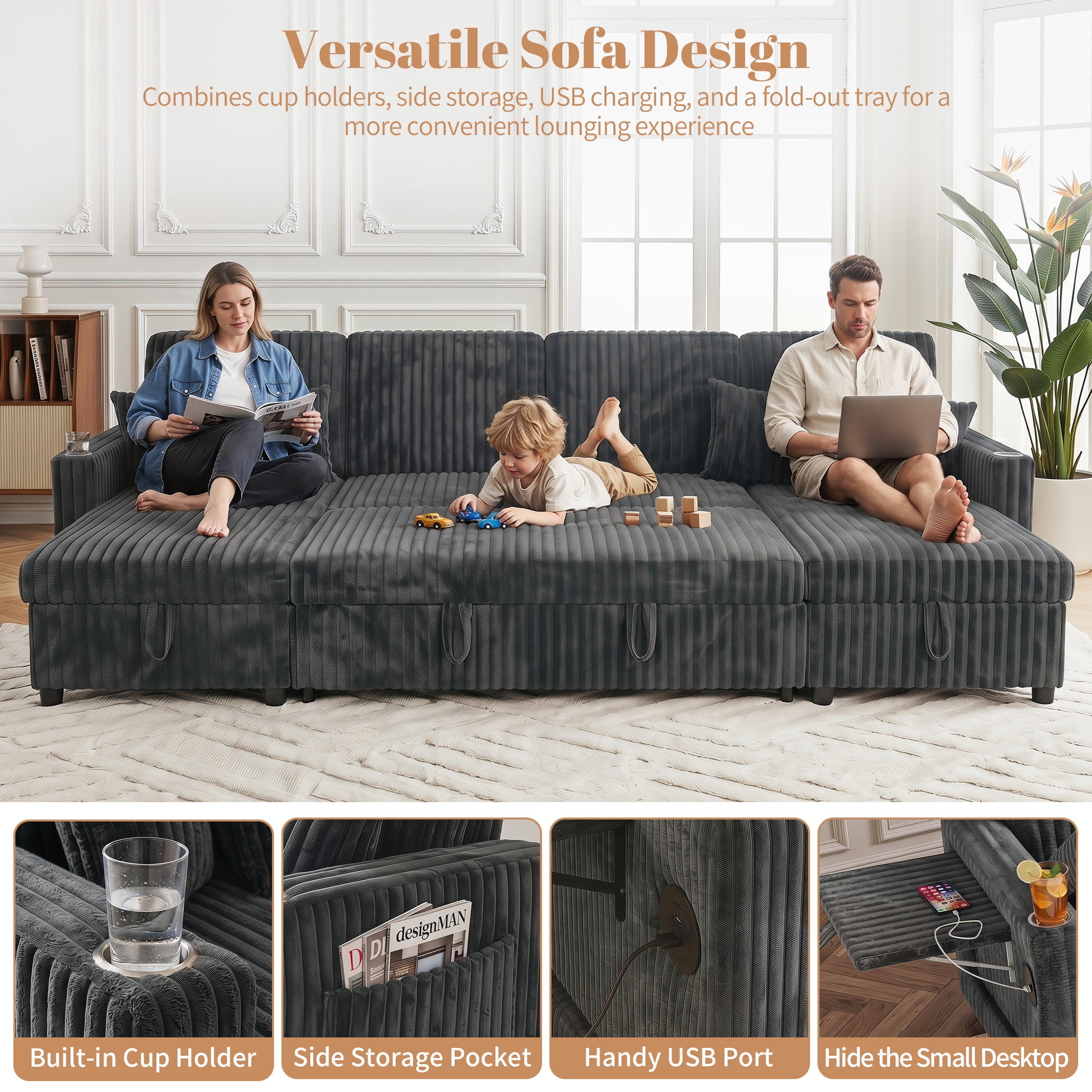Aenkyo 110" U-Shaped Sleeper Sofa with Pull Out Bed, Storage Chaises and USB, Dark Gray