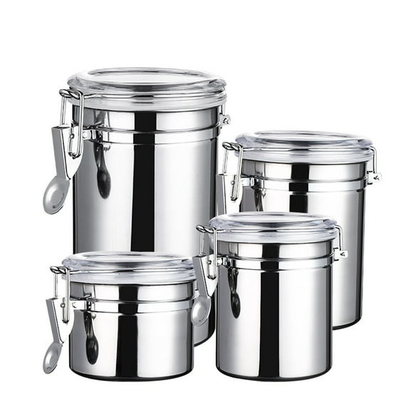 Hyasfey 4Pcs Stainless Steel Airtight Canister Set Food Storage Jar Moisture-proof Kitchen Counter Sugar Flour Storage Organizer with Clear Lid