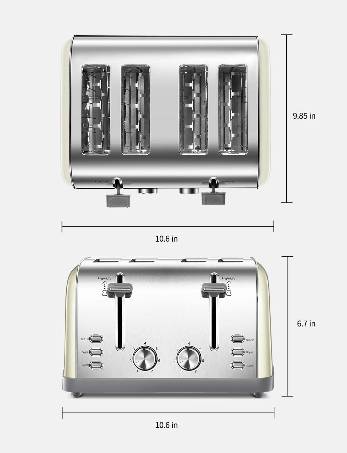 Yabano Toaster 4 Slice, Extra Wide Slots, Stainless Steel with High Lift Lever