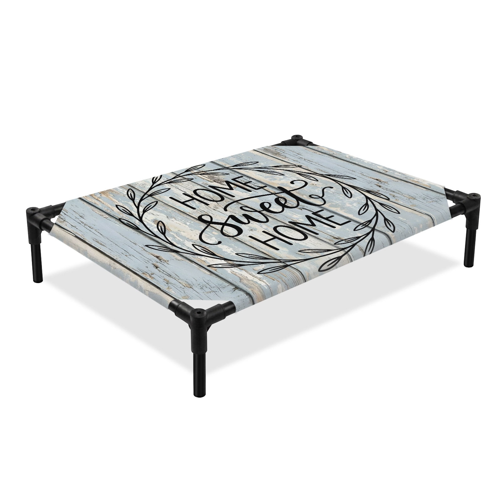 Sweet Home Elevated Dog Bed, Rustic Farmhouse Leaf Wreath Blue Teal Wood Grain Cooling Breathable Outdoor Raised Dog Cot Bed with Metal Frame Non-Slip Feet for Medium Dog 24x20in