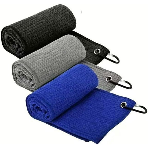 Golf Towel (12" X 12") 3 Packs Microfiber Waffle Weave Golf Towels with Carabiner Clip and Velcro Tie