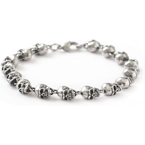 Sakuo Stainless Steel Skull Bead Linked Strand Bracelet for Men and Women, Gothic Punk Rock Biker Skull Jewelry Gift