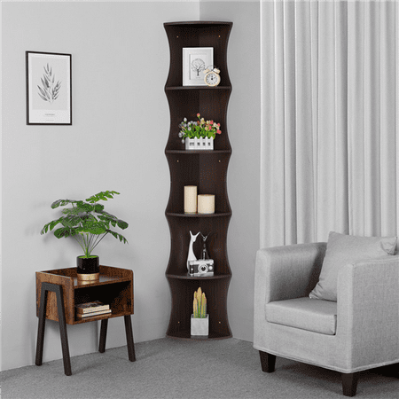 Cherry Corner Bookshelf Yaheetech 5 Tier Brown Round Wall Corner Shelf Stand Storage Skinny Display Bookshelf Rack Casual Home Office Furniture ()