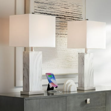 360 Lighting Connie Modern Table Lamps 25" High Set of 2 White Faux Marble with USB Charging Ports Rectangular Shade for Living Room Office Desk House