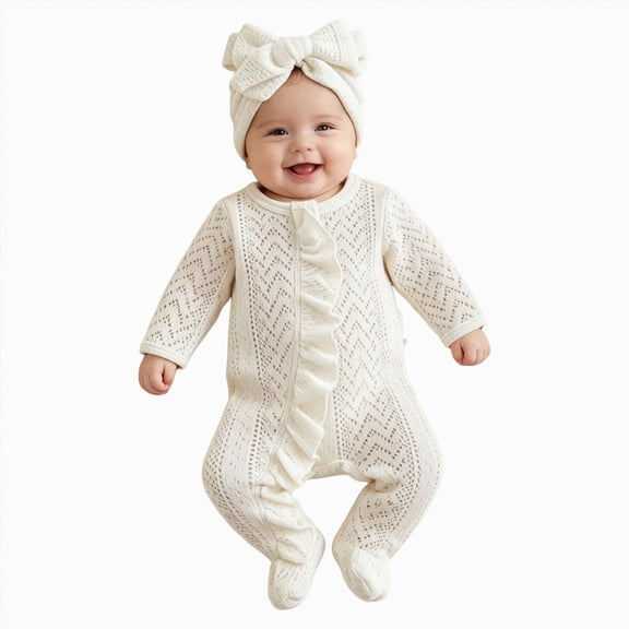 Newborn Baby Girl Coming Home Outfit Ruffle Long Sleeve Footies Romper Infant Fall Bow Headband Clothes
