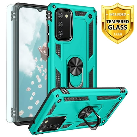 TJS for Samsung Galaxy A02S Phone Case, with Tempered Glass Screen Protector, Impact Resistant Metal Ring Magnetic Support Kickstand Drop Protector Cover for Galaxy A02S (Teal)