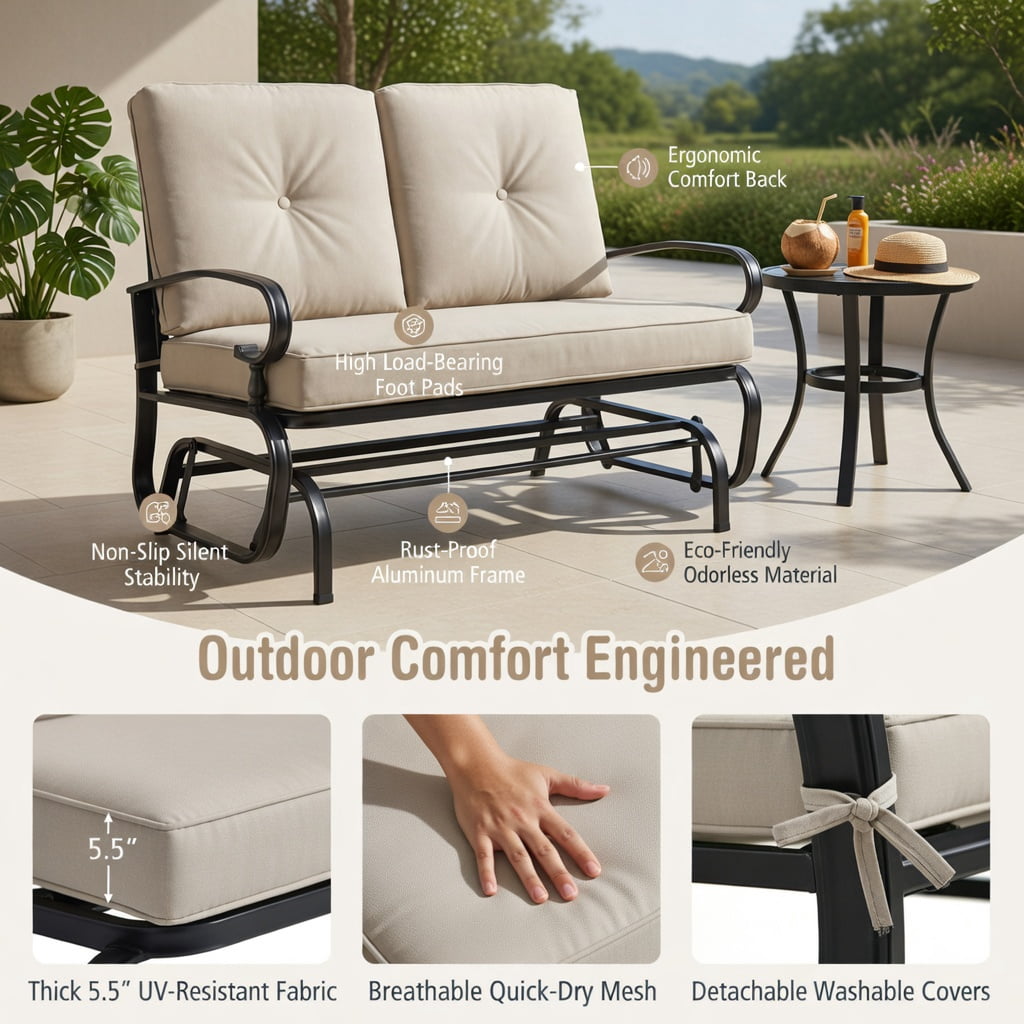 Hommoo 2-Person Outdoor Swing Glider Bench with Plush Olefin Cushions, Rust-Resistant Steel Frame Patio Loveseat for Backyard, Porch & Garden, Beige