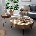 thumbnail image 4 of 2-Piece Round Nesting Coffee Table Set Natural Wood Black Metal Legs Rustic Farmhouse Living Room Bedroom, 4 of 9