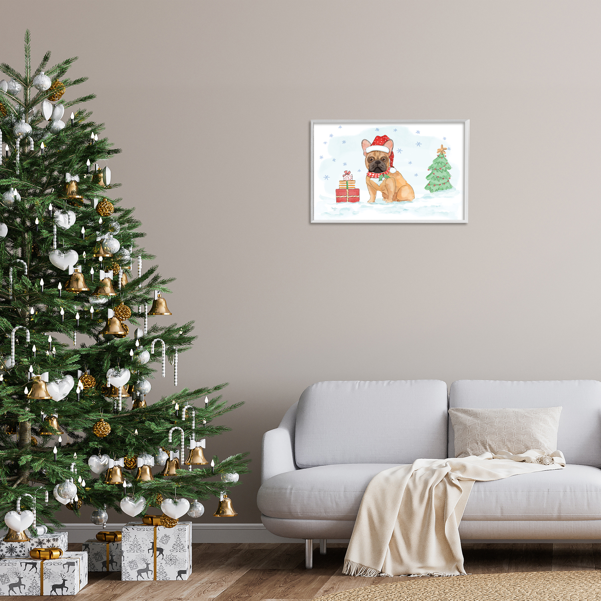 Stupell Industries Holiday Dog in Snow Holiday Painting White Framed Art Prints Wall Art, 24 x 16