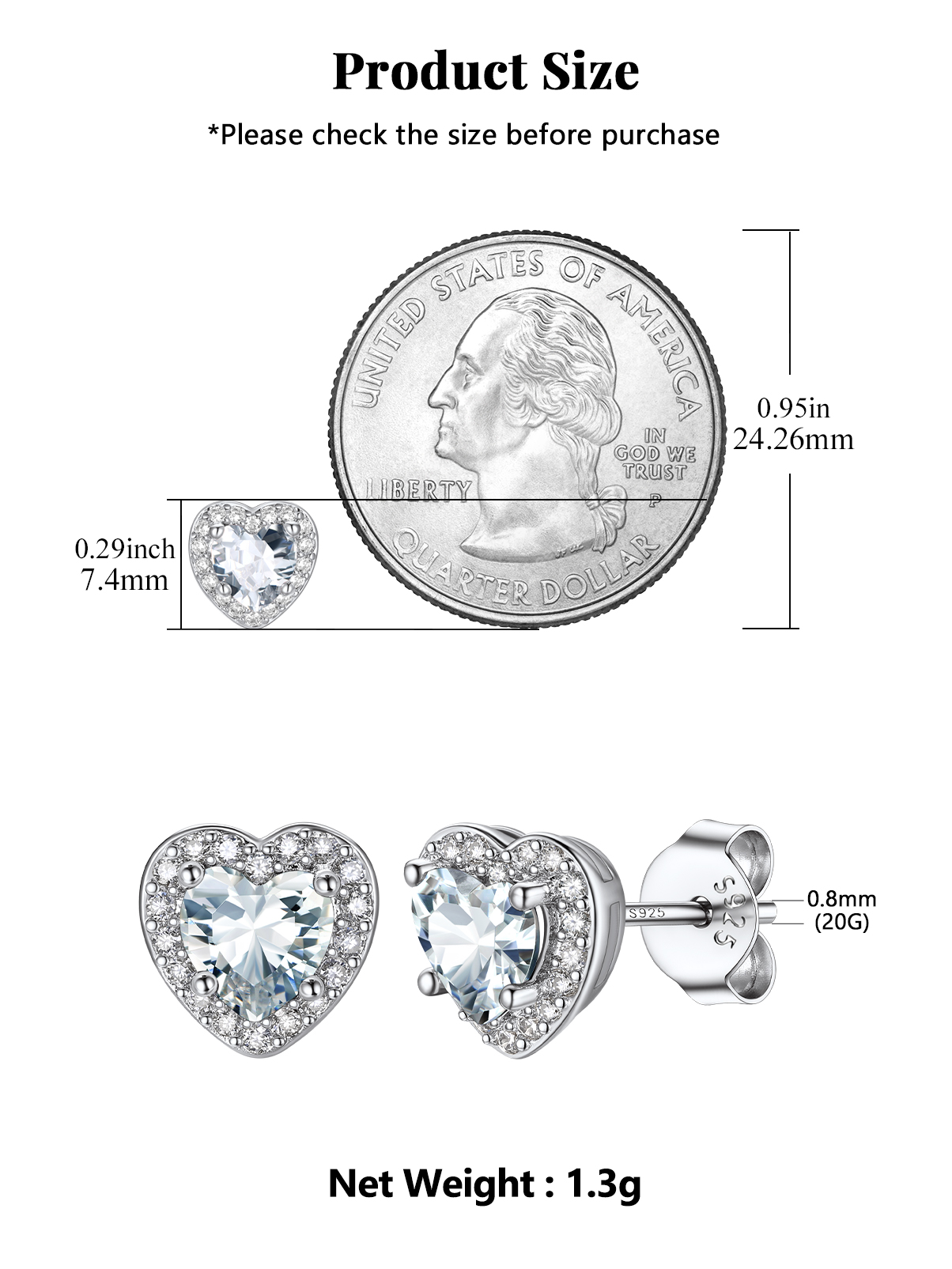 Silvora 925 Sterling Silver Heart Stud Earrings for Women April Birthstone Elegant Earring Birthday, Anniversary, Christmas Jewelry Gift