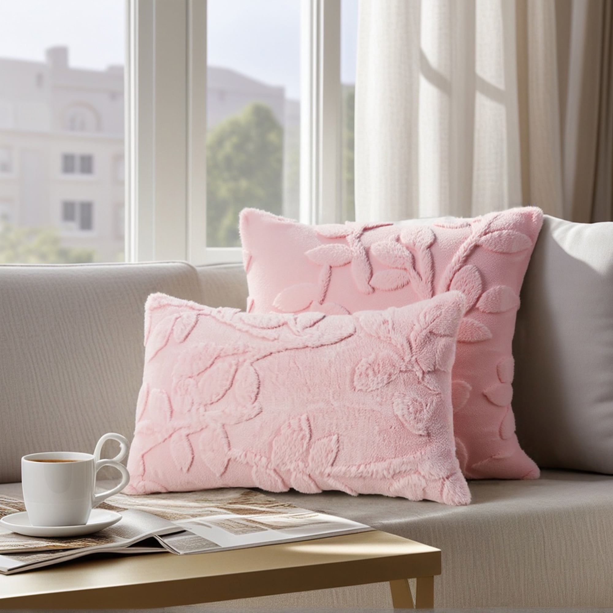 Unique Bargains Pack of 2 Leaf Jacquard Plush Pillow Covers for Bedroom 20" x 12" Pink
