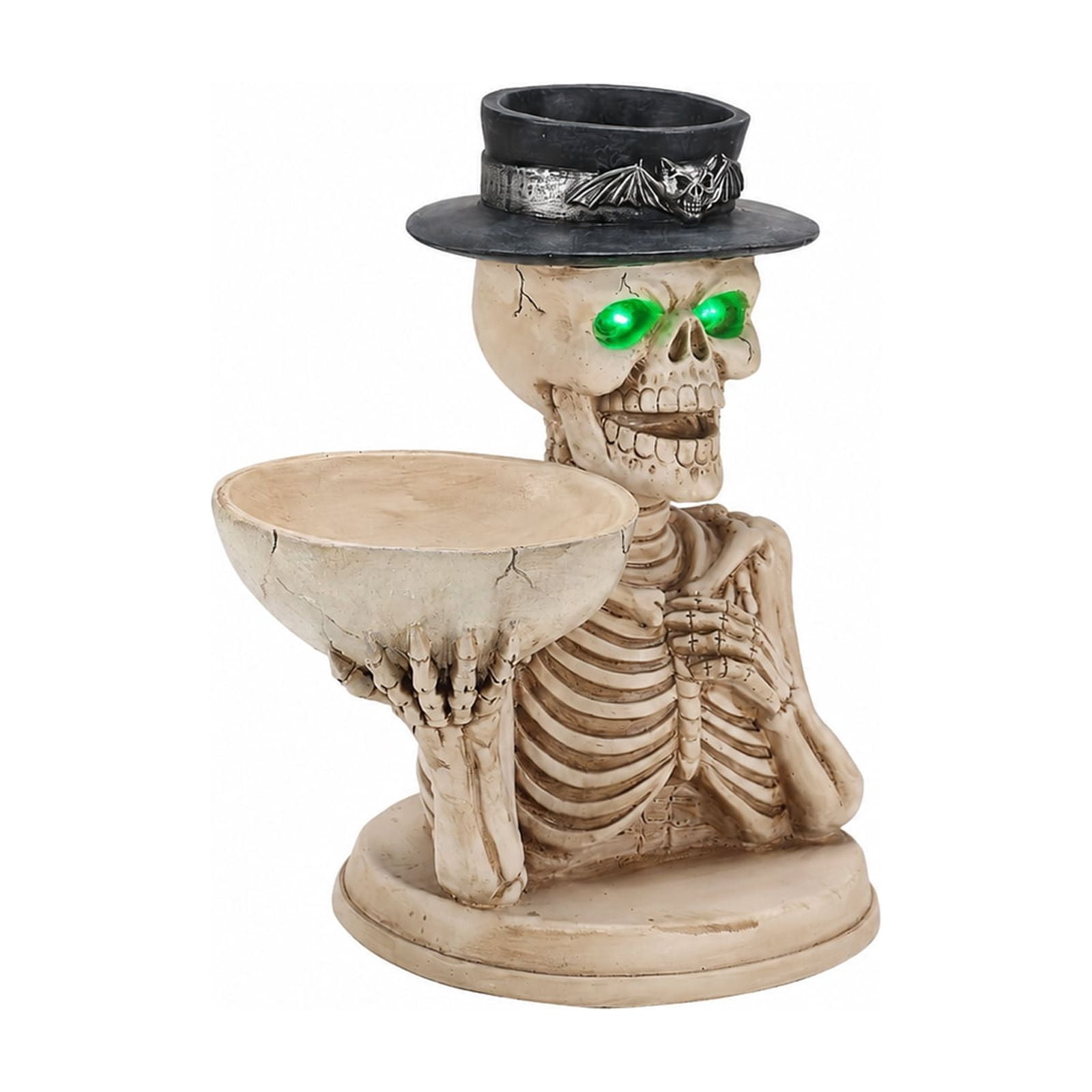 Skeleton Candle Holder with LED Glowing Green Eyes Top Hat Bat Design Resin Halloween Tabletop Decor