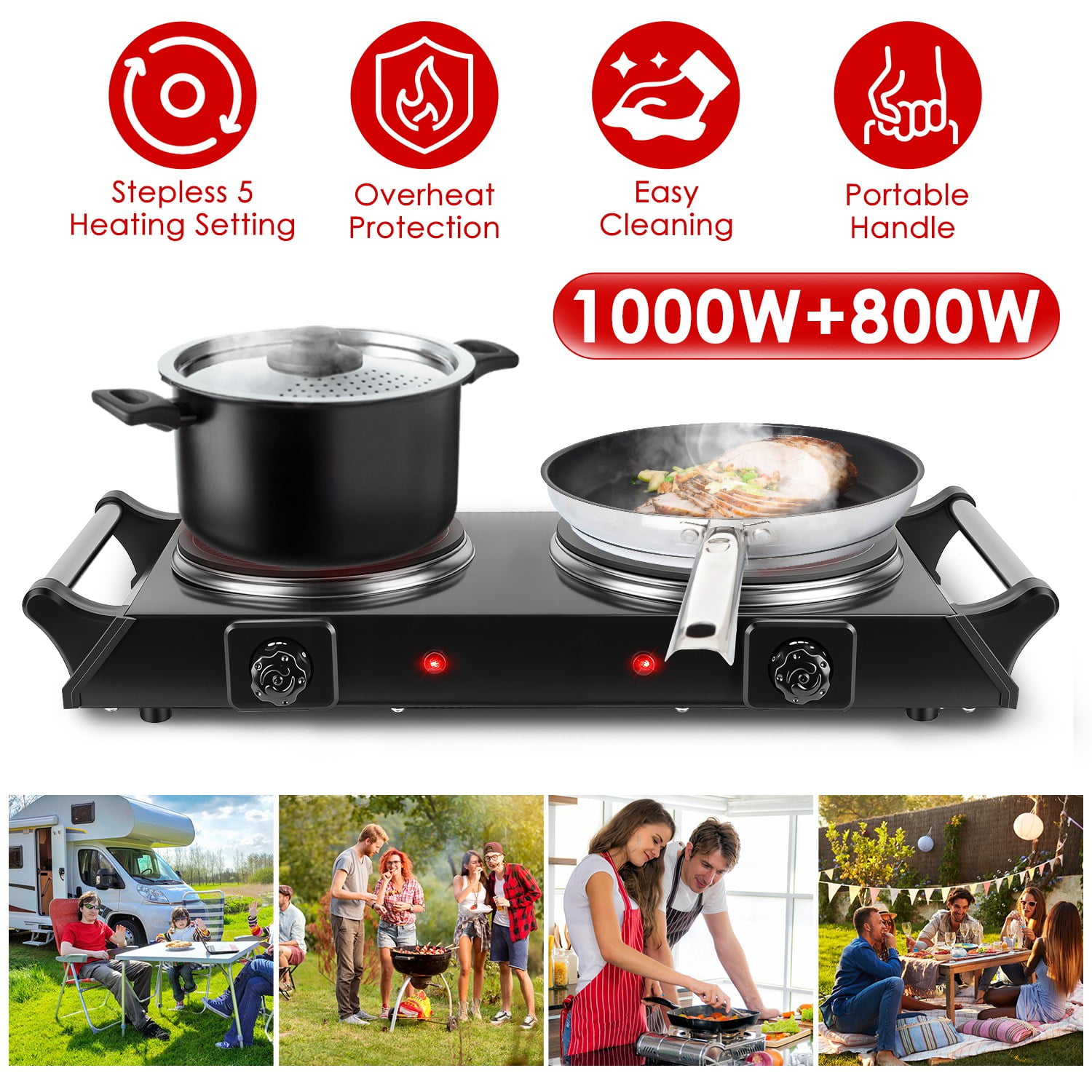 ECOBUY Dual Electric Hot Plate with Fast Heating, 800W+1000W Power, Thermostat Control & Auto Shut-Off, 6.3 & 7.5 Inch Glass Plates, Adjustable Temp, Portable