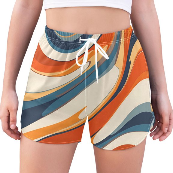 FORMRS Womens Swim Shorts Mesh Liner Quick Dry Casual Beach Board Bottom with Pockets, Sizes S-2XL, Beige Abstract Wavy