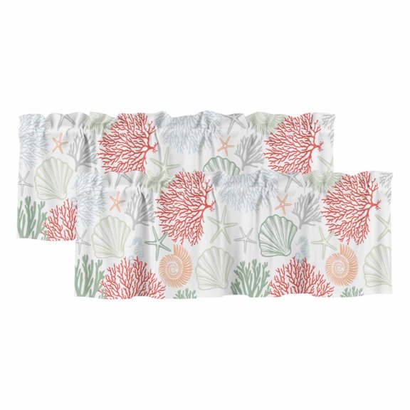 2 Pack Valances for Windows, Red Sage Green Coastal Window Valances for Living Room/Bedroom/Bathroom, Summer Beach Coral Shell Starfish Light Filtering Kitchen Curtain Valance 42"W x12" L