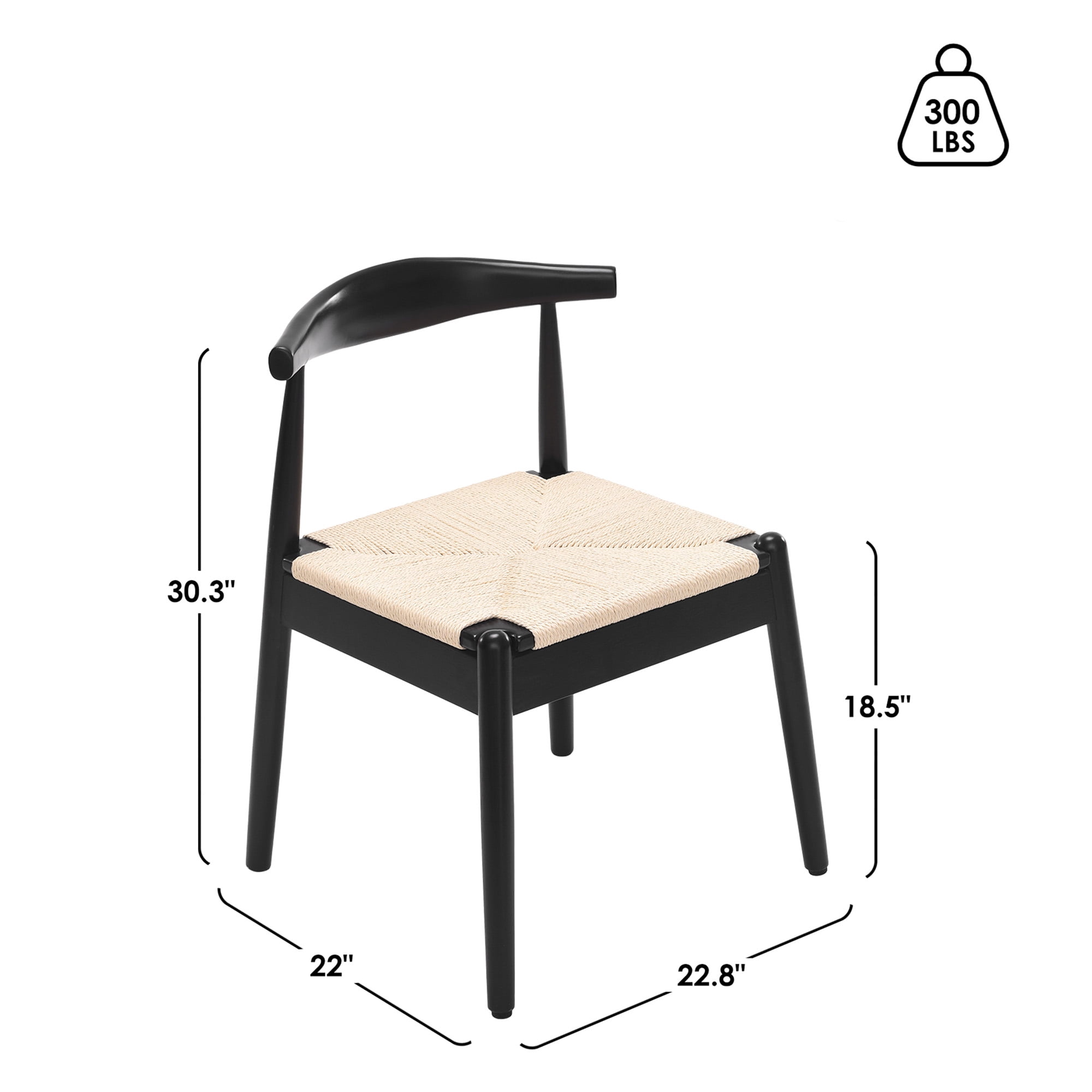 MAYEERTY Set of 2 Modern Dining Chairs, Solid Wood Legs & Woven Rope for Dining Room, Black-beige