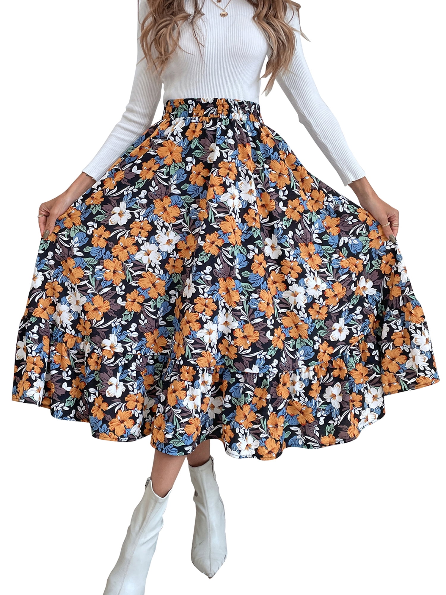 Womens Boho Floral Maxi Skirt Beach Dresses High Waisted Aline Casual Swing Long  Skirts Sundress with Pockets - Walmart.com