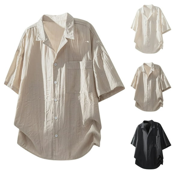 Ashirexll Mens Shirts Casual, Mens Button up Shirts Short Sleeve, Plus Size Casual Turndown Collar Shirts Solid Color Button up Tops Summer Shirts with Pocket