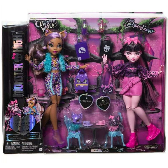 Monster High Faboolous Pets Draculaura & Clawdeen Wolf Dolls, 2-Pack, 4 Years and Up
