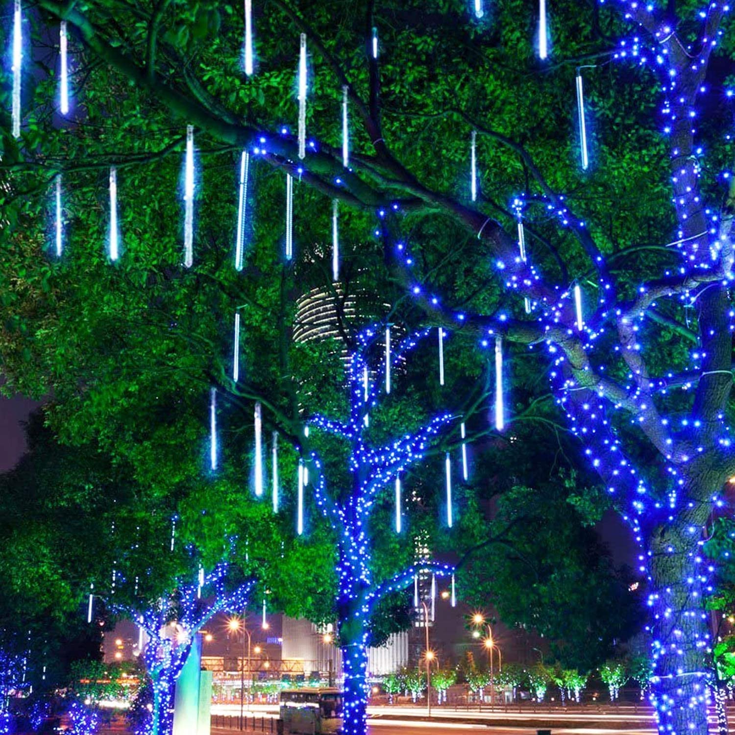 Rirool Meteor Shower Lights, 360 LED Blue Cascading Rain Lights photo 5