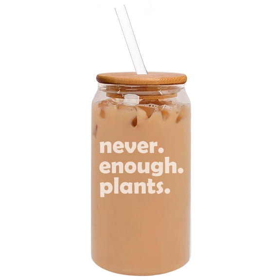 16oz Can Shaped Glass Iced Coffee Cup with Bamboo Lid and Straw Gift Never Enough Plants Funny Plant Lover Gardening