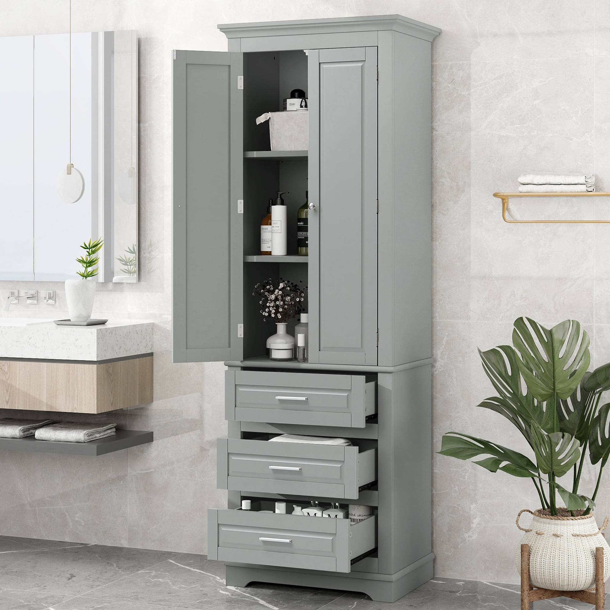 Harper & Bright Designs Tall Bathroom Storage Cabinet with Drawers and Doors, Modern Bathroom Floor Storage Cabinet with Shelf, Gray