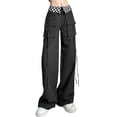 thumbnail image 4 of QAFOPEH Women Plaid Waist Pocket Drawstring Straight Solid Color Cargo Pants, 4 of 7