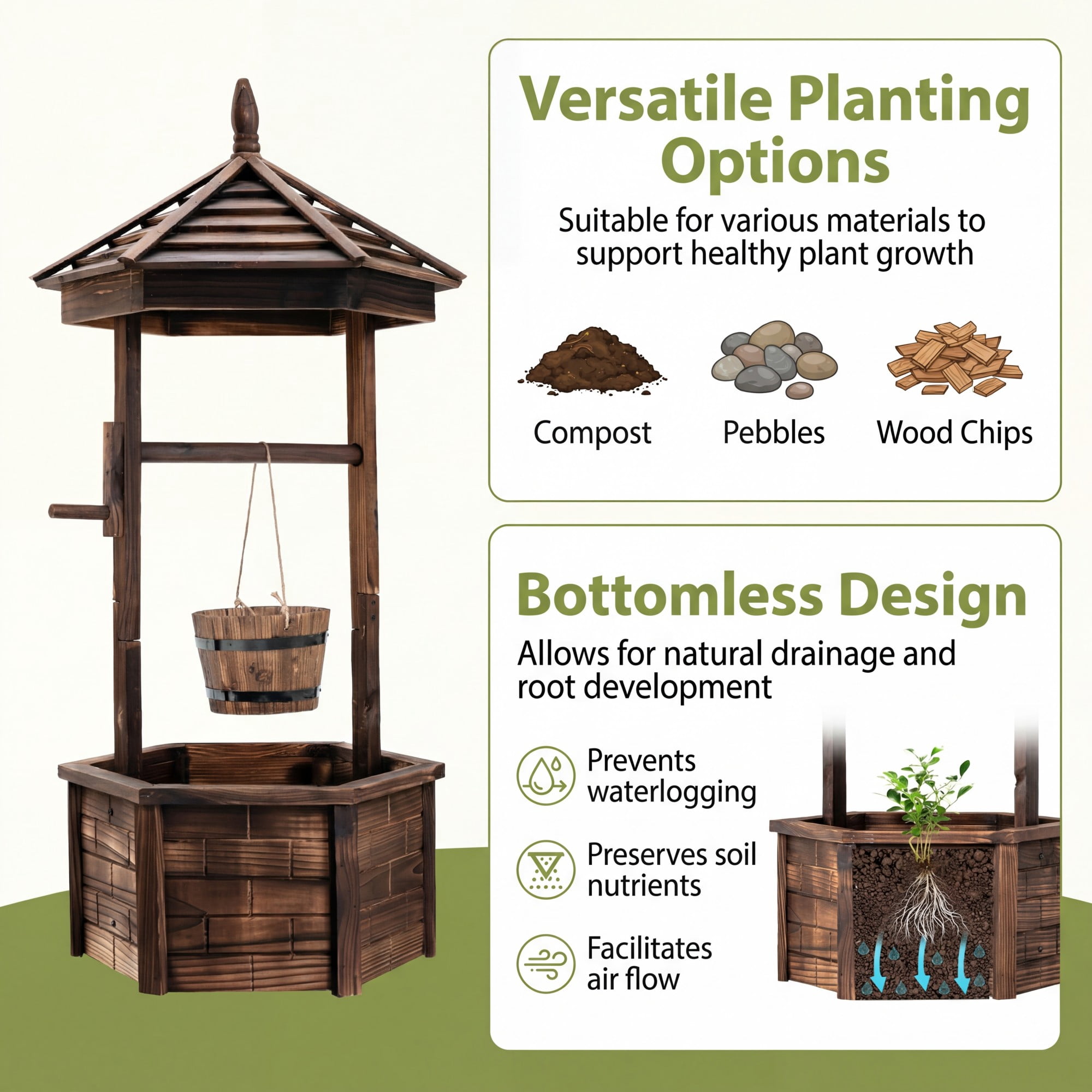 Costway Wooden Wishing Well Hexagonal Bucket Flower Plants Planter Patio Garden Decor