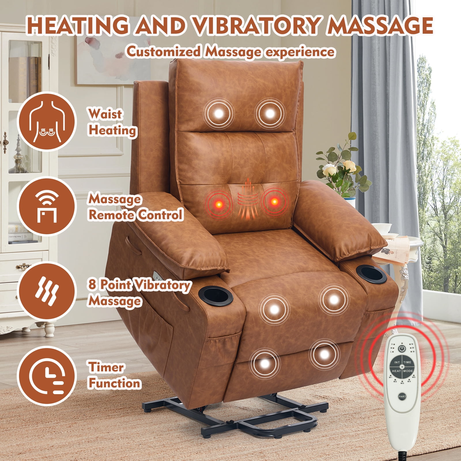 Betisef Power Lift Recliner Chair for Elderly, Adjustable Recline Chair W/Massage & Heat Functions Brown