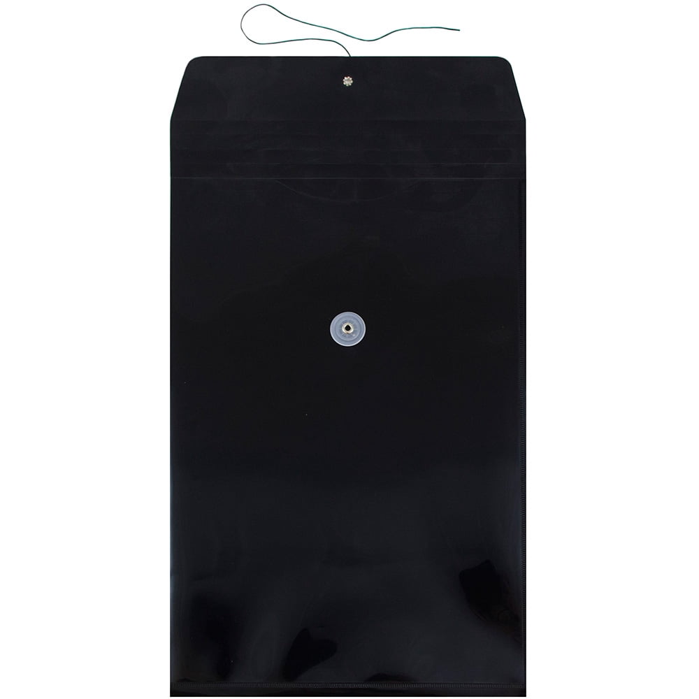 JAM Paper Plastic Envelopes, 9.8x14.5, Black, Button String, Legal Open End, 12/Pack