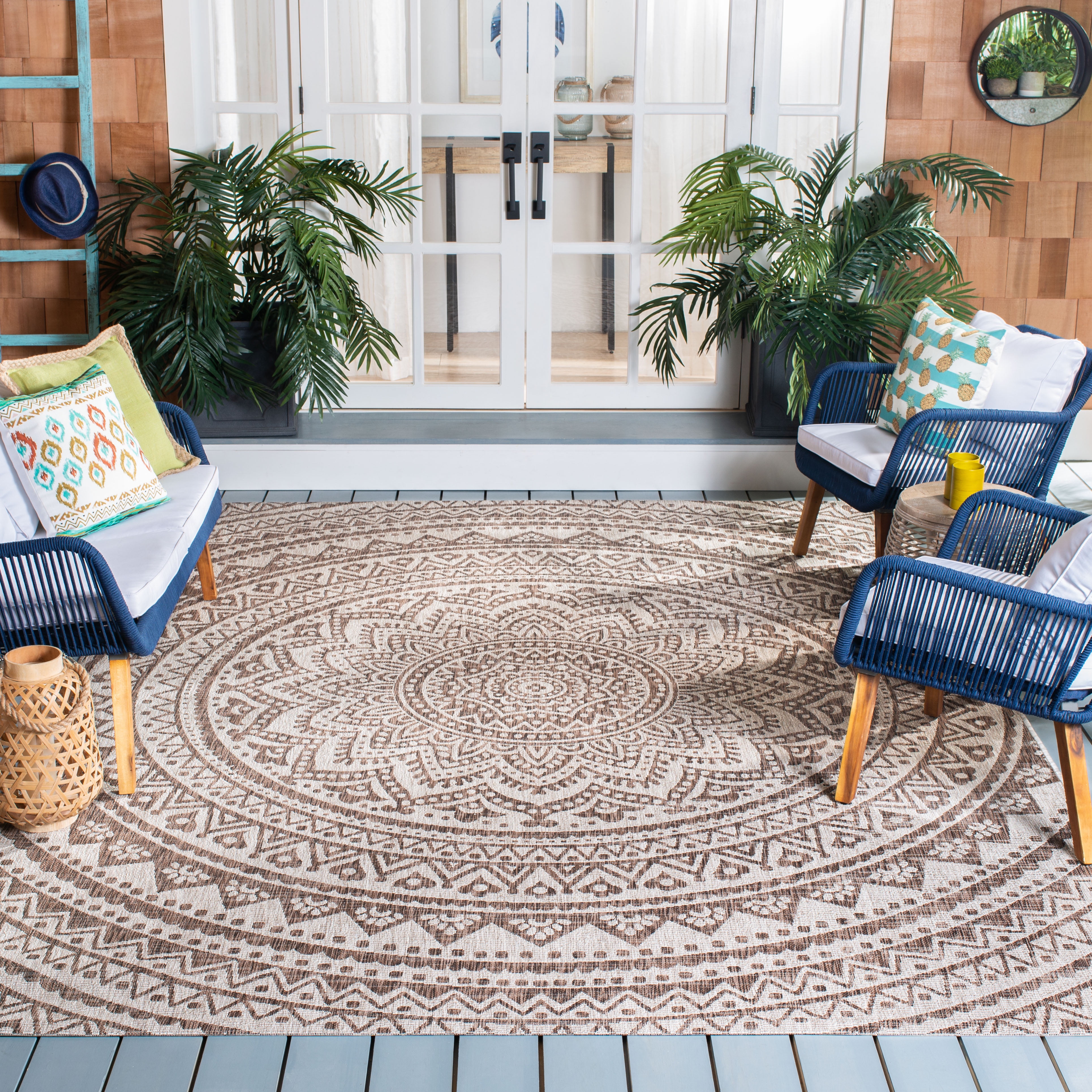 Safavieh Courtyard Josiah Floral Medallion Indoor/Outdoor Area Rug, Light Beige/Light Brown, 9' x 9' Square