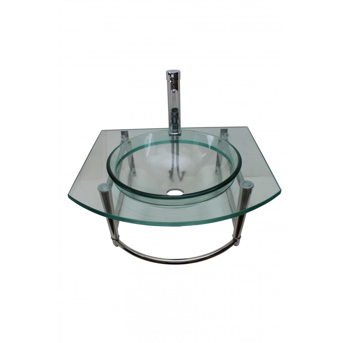 Haiku Glass Wall Mount Console Sink Round Bowl Bathroom Vessel Sink 23 3/4" Clear Tempered Glass Console w/Chrome Faucet, Pop Up Sink Drain and Towel Bar Combo | Renovators Supply