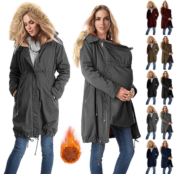 Women's Fleece Zip Up Jacket Maternity 3 in 1 Long Fuzzy Jackets Outerwear with Pockets Thickened Thermal Hooded Parka Cold Weather Winter Coat