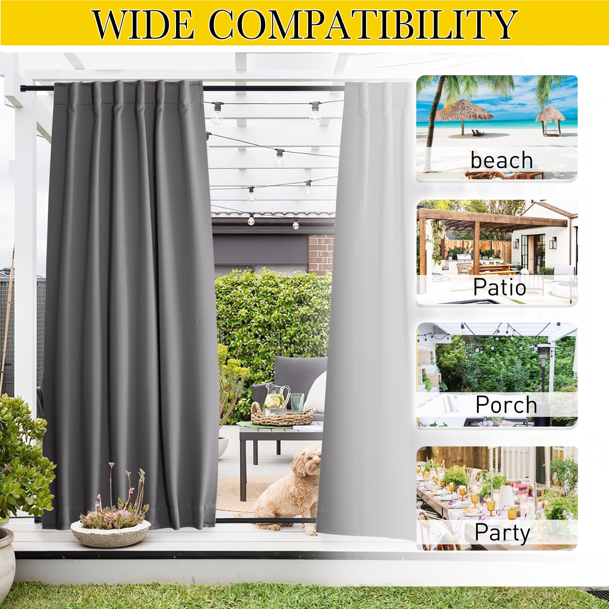 NICETOWN 2 Panels Outdoor Pergola Curtains Waterproof and Windproof Top & Bottom Pocket & Back Tab Blackout Privacy Keep Drapes for Patio with Fixed Rope, 52"x 95", Grey