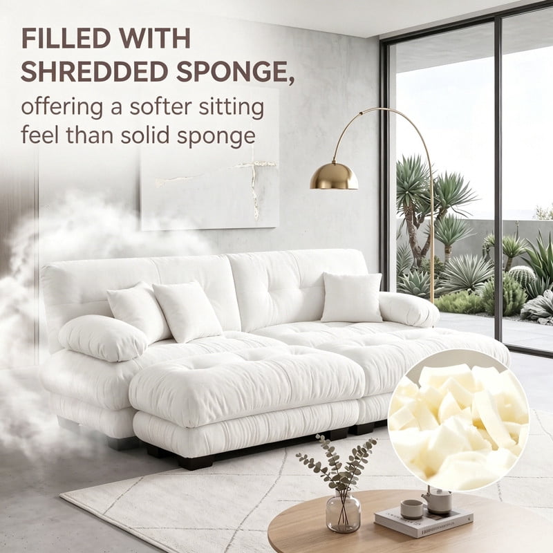ANPPORT Cloud Couch Sleeper Sofa, Chenille White 2-Seater Modular Sofa with 2 Ottomans, 2 Lumbar pillows, 2 Pillows, Comfy Deep Seat Cloud Sofa, Convertible L-Shaped Floor Couch for Living Room