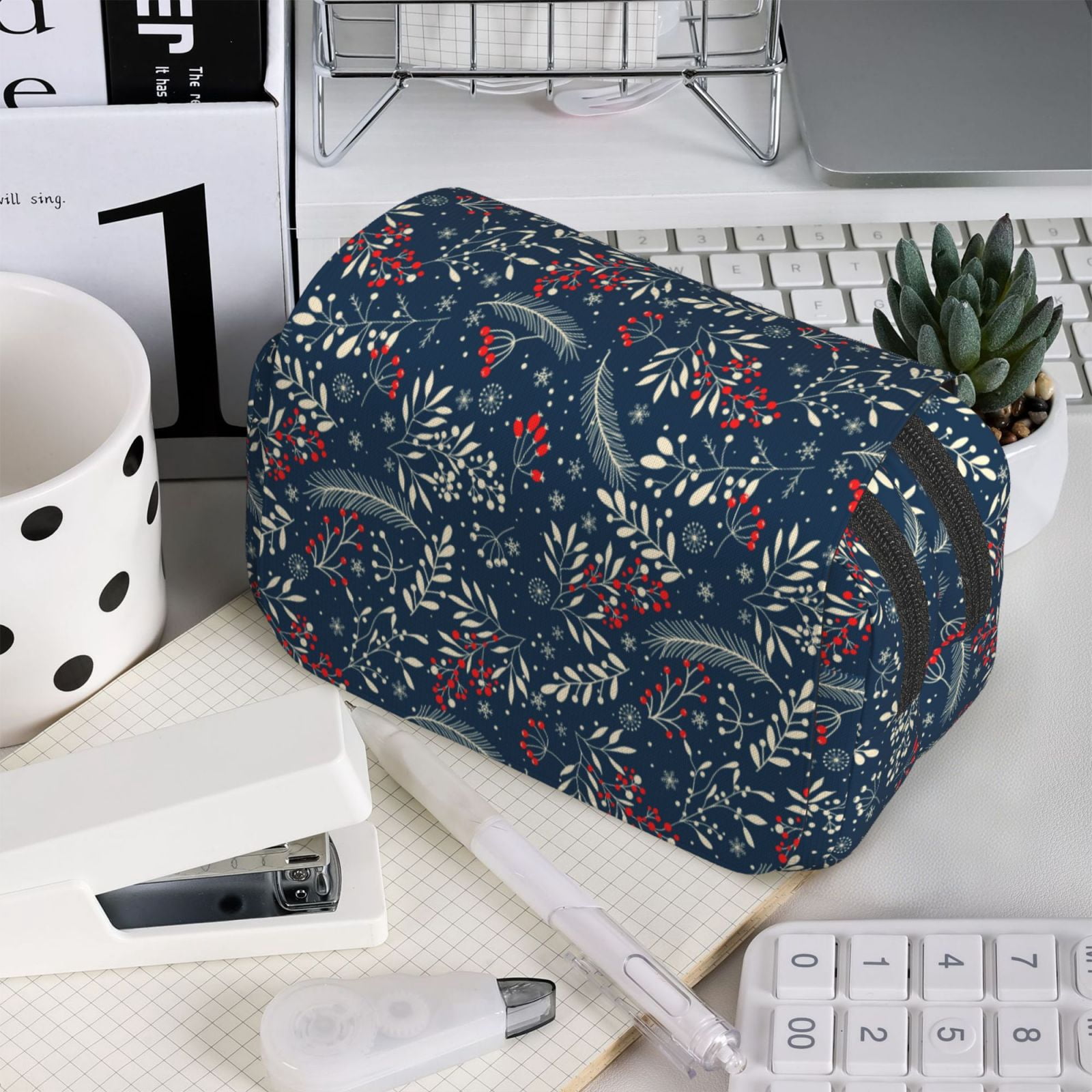 Rateoe Merry Christmas Winter Leaves Snowflakes Pattern Double Clamshell Pen Case, Storage Organizer with Two Zipper Compartments– Holds Up to 50 Pencils & Pens