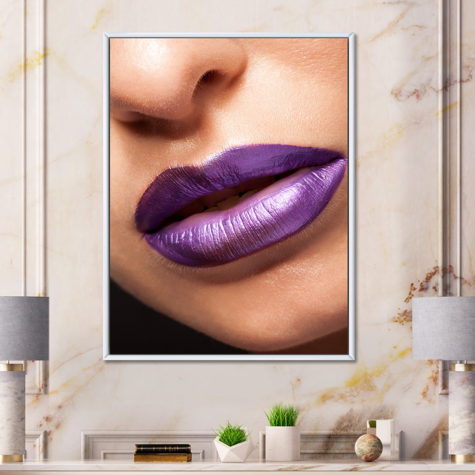 Designart 'Close Up View of Girl Lips With Purple Lipstick' Modern Framed Canvas Wall Art Print