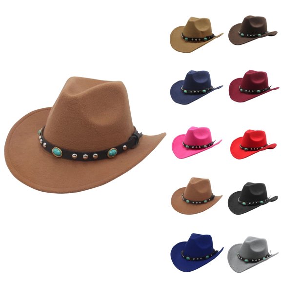 Cowgirl Cowboy Hat Women Men Vintage Wide Brim Fedora Hat Rhinestone Disco Western Hat for Fancy Dress Cosplay Party Khaki One Size