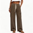 thumbnail image 5 of cocolona Womens Solid Color Casual High Waist Sweatpants Elastic Waist Drawstring Wide Leg Cargo Pants with Pockets, 5 of 5