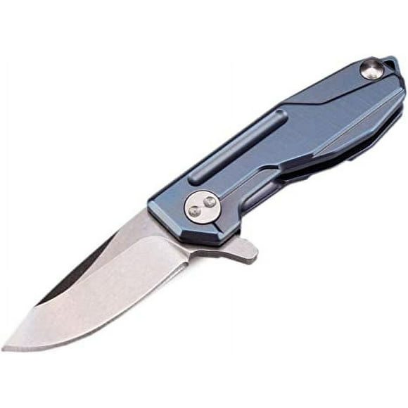 Ultra Mini Folding Pocket Flipper Knife, 1.3 inch Satin D2 Drop Point Blade, TC4 Titanium Handle with Frame Lock Lanyard, Micro Tiny Small Gift EDC Keychain Necklace Knives, Blue
