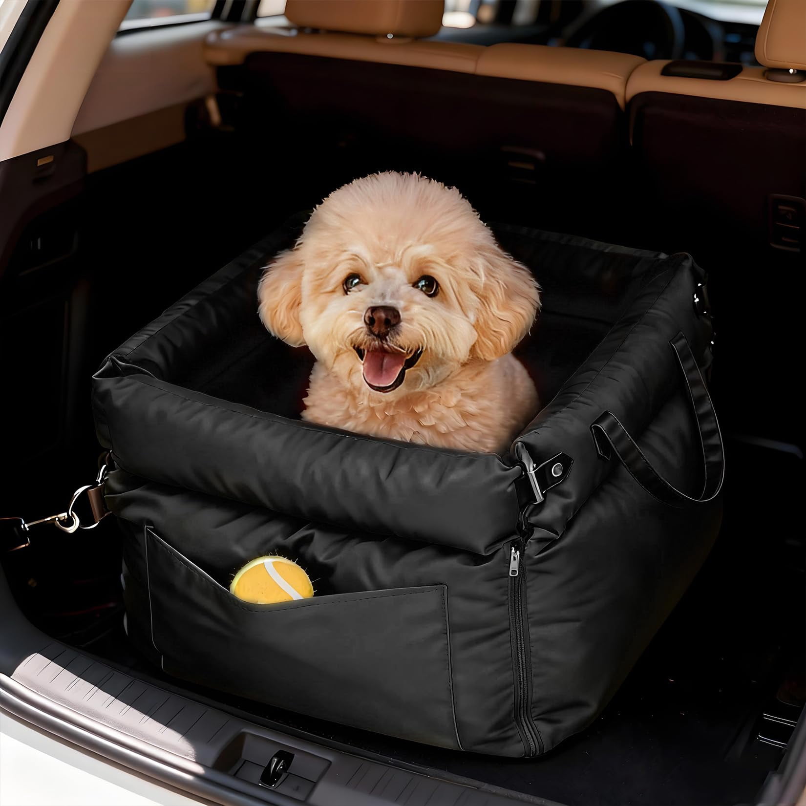 Dog Booster Car Seat, Waterproof PU Leather Upholstered Cat Bed for Car with Storage Pockets, Portable Pet Seat, Bite-Resistant, Perfect for Travel and Home