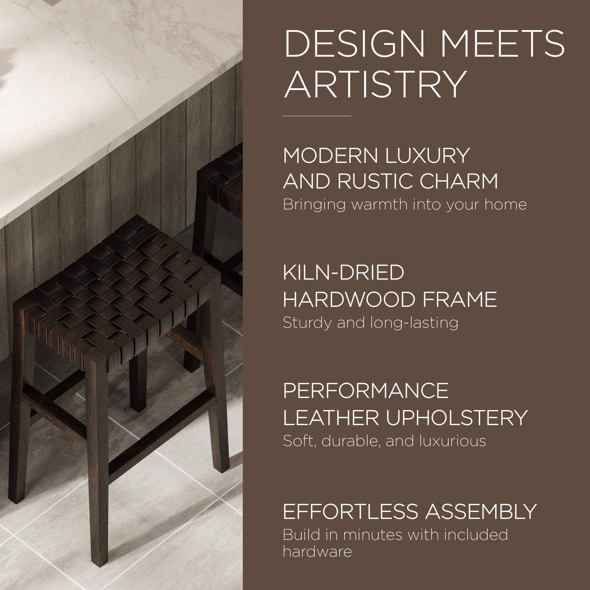 Maven Lane 31" Emerson Bar Height Stool - Weathered Brown Wood Finish & Marksman Saddle Vegan Leather Bar Stools - Artisan Backless Design Brings Rustic Elegance to Your Kitchen, Dining Area