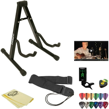 ChromaCast Acoustic Guitar Accessory Pack with Guitar Stand, Nylon Strap, Clip-On Tuner, Picks, Pick Holder and Polish