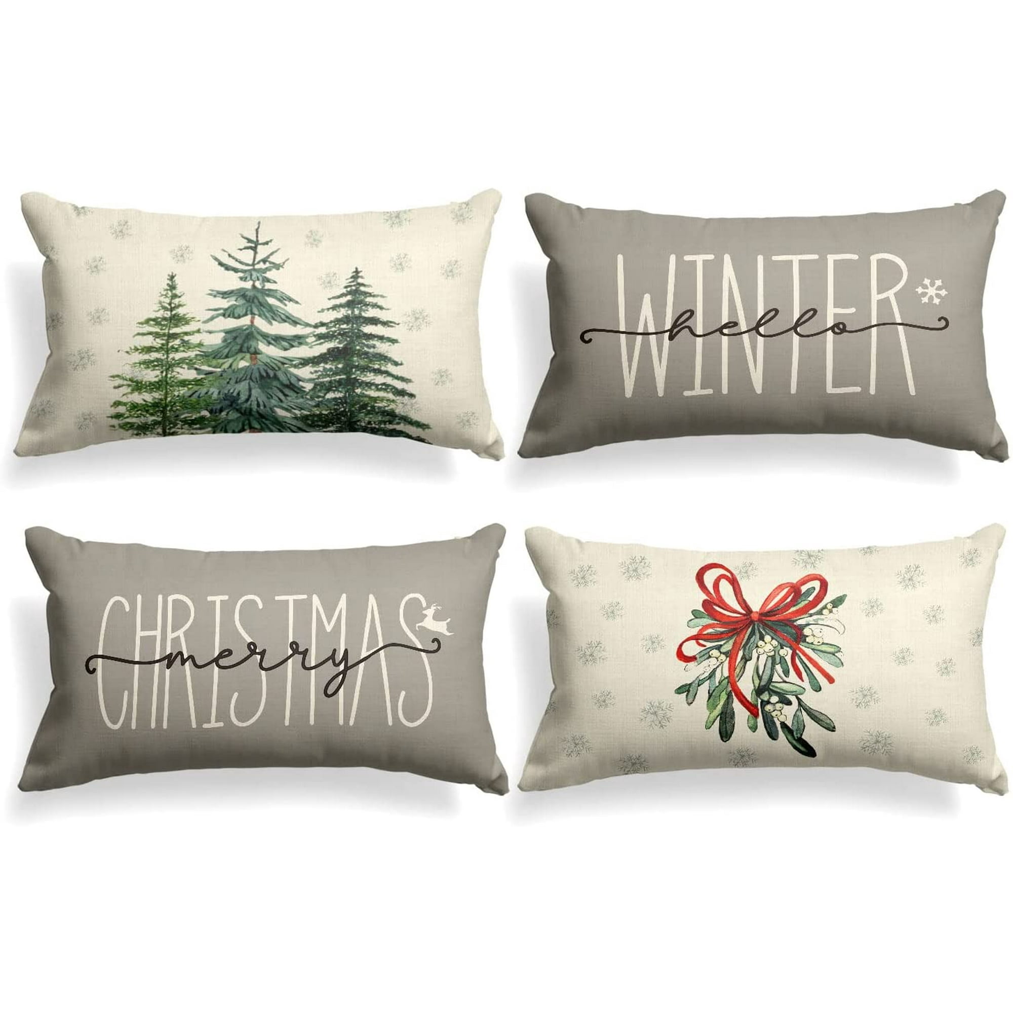 Merry Christmas Tree Hello Winter Throw Pillow Covers 12 x 20 Inch Mistletoe Pine Spruce Holiday Cushion Case Decoration for Sofa Couch Set of 4