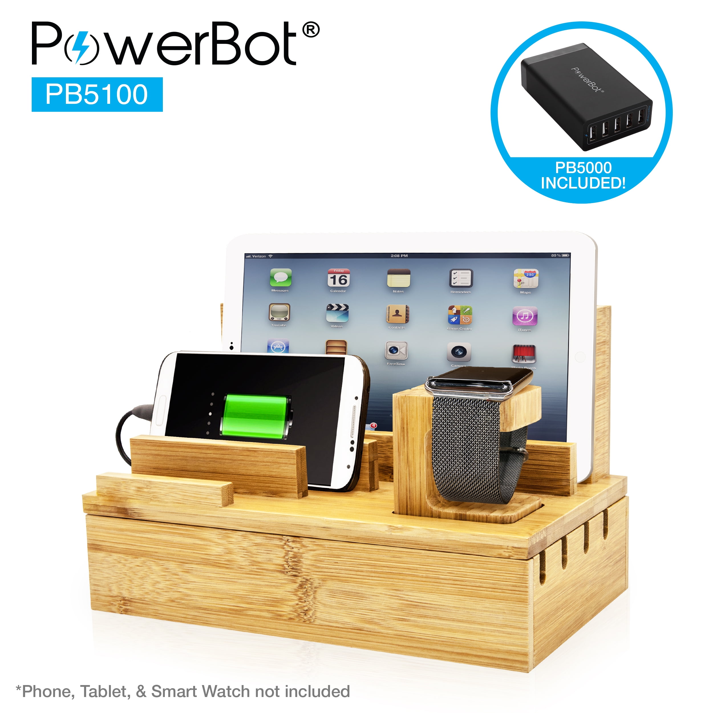 Photo 1 of PowerBot PB5100 40Watt 8Amp 5 USB Port Rapid Charger Universal Desktop Charging Station w/ Bamboo Finish, Multi Device Charging Dock, Organizer Stand for Tablets, Apple Watch, Smartphones up to 5.7