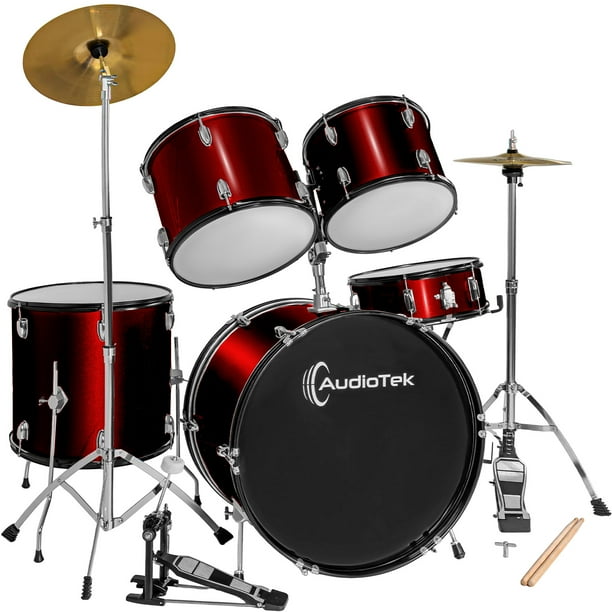 Bateria Acustica Audiotek 23 Pul 5 Piezas Roja Platillos Atriles Bombo