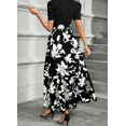 thumbnail image 3 of Womens Black White Summer Floral Print Dress Round Neck Short Sleeve Bow Belt Ruffled Hem Casual Chic Colorblock Waist Dress, 3 of 5