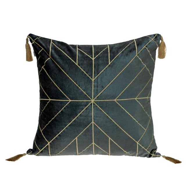 HomeRoots 402669 Charcoal & Gold Geo Velvet Throw Pillow with Gold Tassels