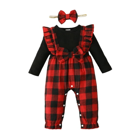 Kucnuzki Infant Baby Girls Bodysuits 12-18 Months Baby Girls Winte Clothes Round Neck Long Sleeves Romper Plaid Print Suspender One-piece Fake 2PCS with Headband Red